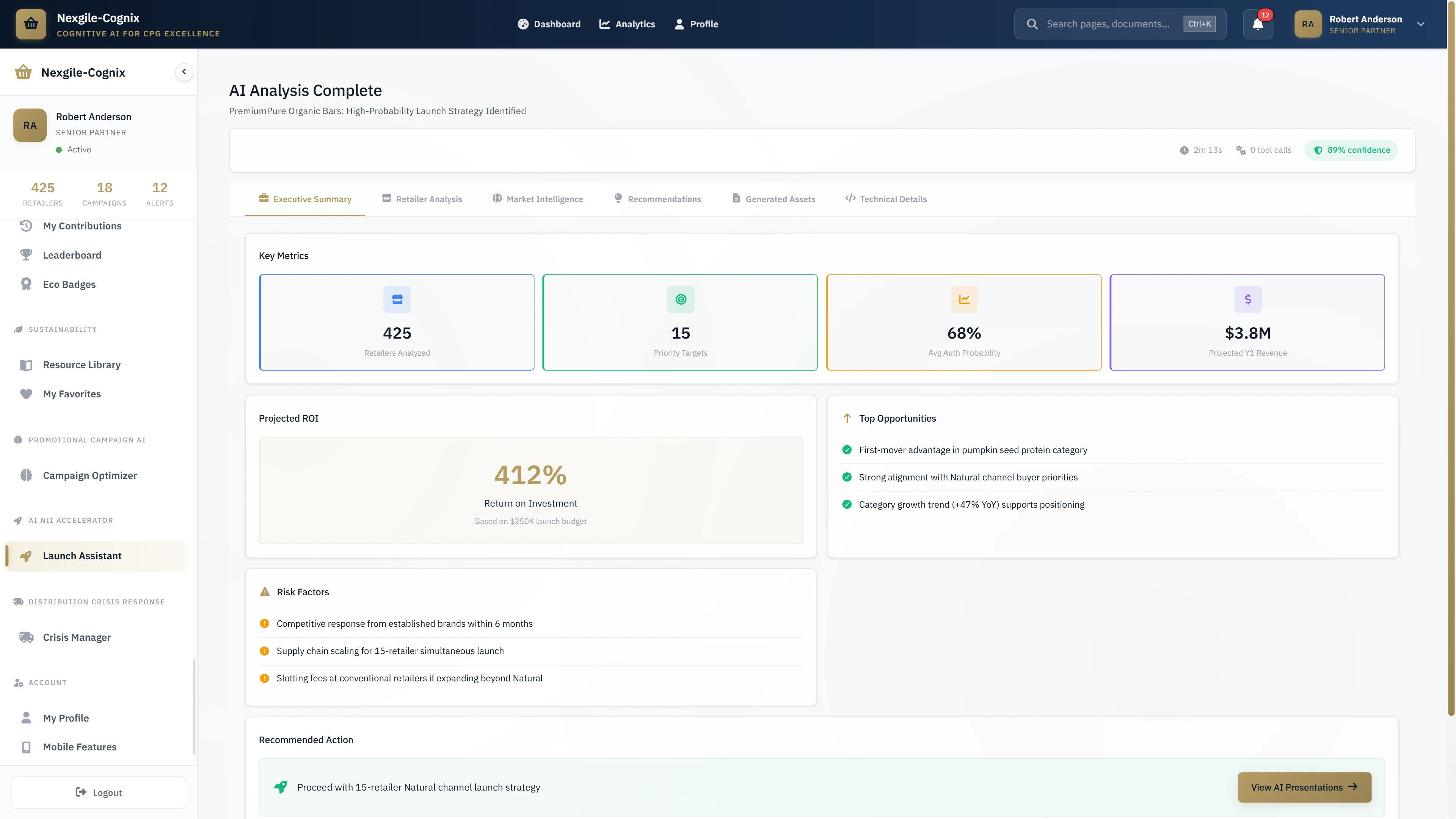 AI Analysis Complete - Executive summary with 425 retailers analyzed, 15 priority targets, and 68% authorization probability